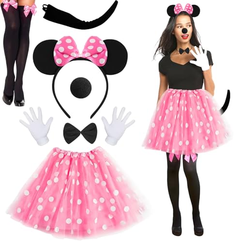 Crzyplea Mouse Kostüm Damen Mädchen,Rosa Tutu mit Mouse Ohren Haarreifen+Handschuhe+Nase+Schwanz+Fliege,Rosa Tutu mit Weiß Gepunktet,für Kostümparty,Fasching Karneval Halloween Cosply Party von Crzyplea