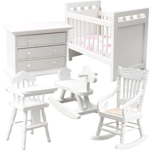 Csafyrt 1 12 Skala Dollhouse Möbel Set Holzminiaturmöbel einschließlich Baby Crib Rocking Horse Stuhl Schrank Baby Schlafzimmer Puppenhauszubehör weiß von Csafyrt