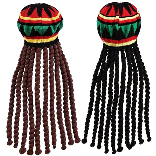 2 PCs Jamaikaner Hut traditioneller gestrickter weicher Rasta -Hut mit 18 in langen schwarzen und braunen Dreadlocks Buntes bequemes elastisches, lustiges Dreadlock -Perücken für Party, Cosplay, Hall von Csafyrt