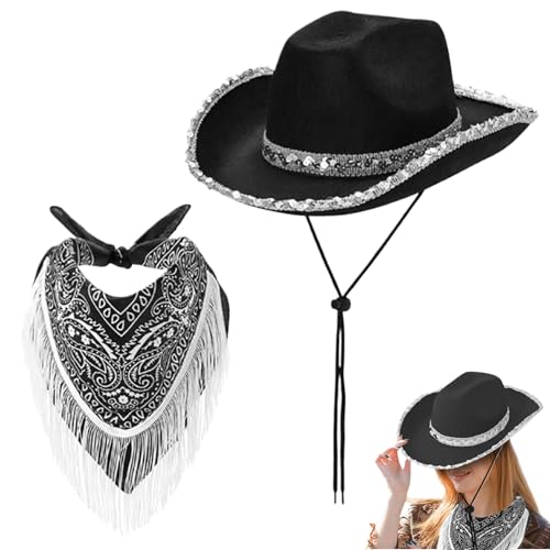 2pcs/Set Cowgirl Hut Cowgirl Hut mit Fransen -Bandanweite Rand geschwungene Kanten Pailletten schwarze Cowgirl -Hut mit Kinngurt One Size von Csafyrt