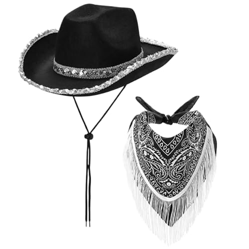 2pcs/Set Cowgirl Hut mit Fransen -Bandana -Brandkanten -Pailletten Black Cowgirl Hut mit Kinngurt ein Western Cowboy Hut von Csafyrt