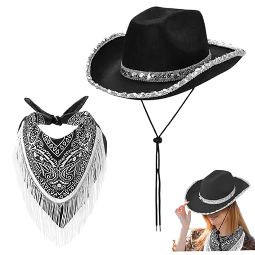 2pcs/Set Cowgirl Hut mit Fransen Bandana Wide Rand Burved Edge Pailletten Schwarzer Cowgirl -Hut mit Kinngurt ein Größen Western Cowboy Hut für Cosplay, Halloween Kostüme von Csafyrt