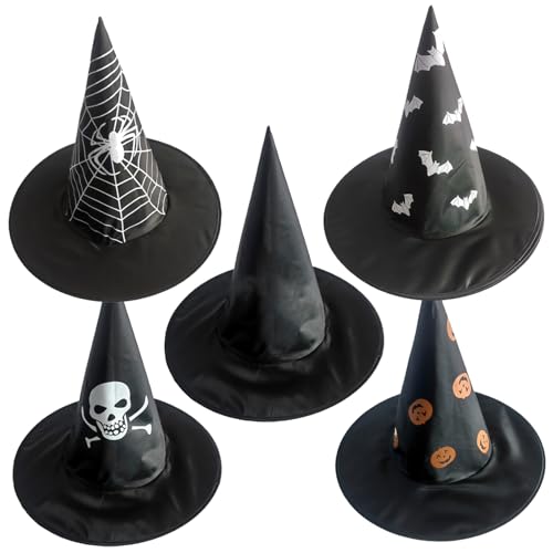 5 PCs Witch Hut Polyester Schwarzer Zaubererhut mit gruseligen Druckklappfalten schwarzer Hexenhut Einer Größe Crazy Hut für Hexenkostüm Cosplay Halloween Party von Csafyrt