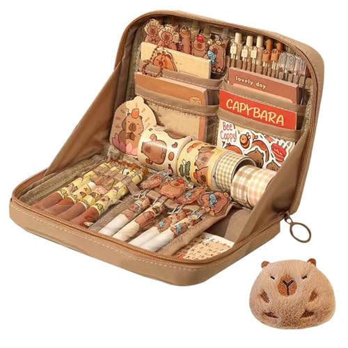 Capybara Pencil Case 12 Kompartimente Brown Canvas & PVC Kawaii Bleistiftkoffer mit glattem Reißverschluss & Capybara Puppe niedliche Bleistiftkoffer von Csafyrt