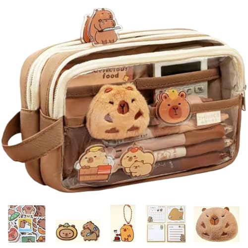 Capybara Pencil Case 8.3x2.6x5 Reißverschluss Süßes Kawaii Bleistift Beutel mit klarem Frontfenster Capybara School Brown unterteilt von Csafyrt