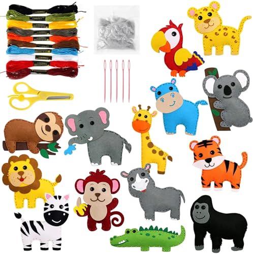 Csafyrt 14pcs/Set Kids Sewing Kit süßes Tier Filznäht Kit Verschiedene Filzpluppen Fun Kids Sewing Set DIY Craft Ornamente Kinder Bildungsnähung Spielzeug für Anfänger Kinder von Csafyrt