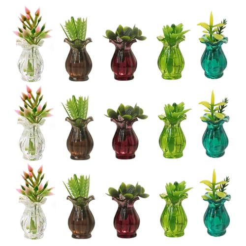 Csafyrt 15pcs Mini Verse Pflanzen Künstliche Miniaturpflanzen Harz Blütenmodell mit Vase Mini Bonsai -Pflanze von Csafyrt