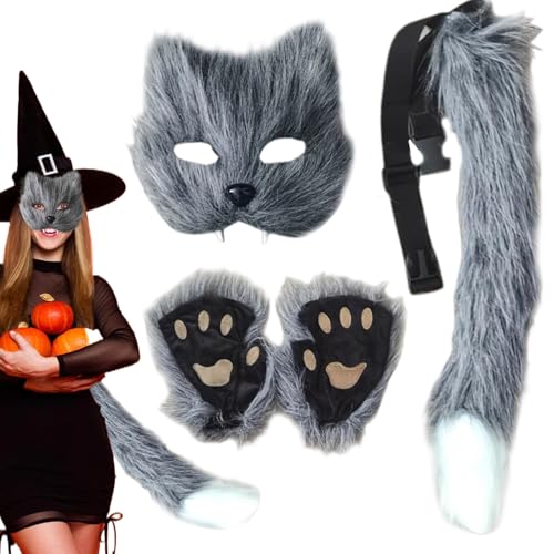 Csafyrt 3pcs/Set Fox Kostüm Halloween Pelzige Therian Maske und Schwanz & Pfoten Handschuhe, Plüsch flauschiger Katze Wolf Pelzige Kostüm für Cosplay Party Halloween Masquerade, Grau von Csafyrt