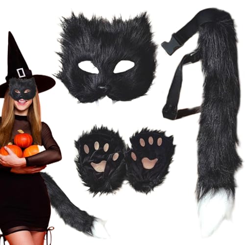 Csafyrt 3pcs/Set Fox Kostüm Halloween Pelzige Therian Maske und Schwanz & Pfoten Handschuhe, Plüsch flauschiger Katze Wolf Pelzige Kostüm für Cosplay Party Halloween Masquerade, Schwarz von Csafyrt