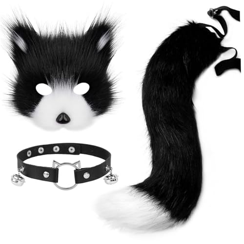 Csafyrt 3pcs/Set Fox Maske und Tail Set Pelry Fox Kostüm enthält eine flauschige Maske, Pfotenhandschuhe ＆ Choker Colar Therian Stuff Halloween Kostüm für Kostüme Party Cosplay von Csafyrt