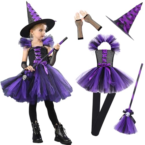 Csafyrt 5pcs/festgelegtes Hexenkostüm für Mädchen mit Tüllrock, Hut, Besen, Handschuhen und Socken, Halloween -Kleinkind -Kostum -Cosplay -Party Dress Up, L. Csafyrt 5pcs/festgelegtes Hexenkostüm für Mädchen mit Tüllrock, Hut, Besen, Handschuhen und Socken, Halloween -Kleinkind -Kostum -Cosplay -Party Dress Up, L. von Csafyrt
