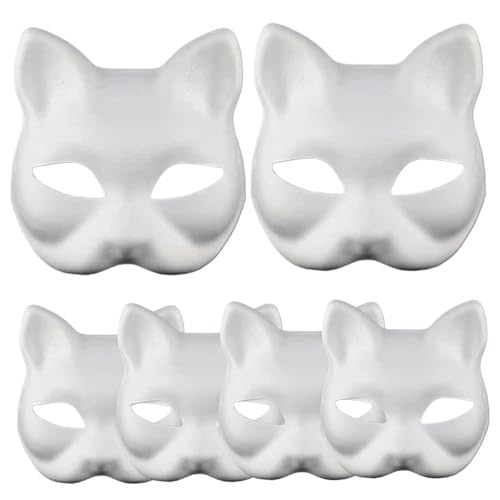 Csafyrt 6pcs Katzenmaske 7x6.7 Weiße Halloween -Maske mit elastischen Bandpapier -Katzenmasken zum Malen von DIY halb Gesicht Therian Maske Therian Ausrüstung für Halloween Cosplay Party von Csafyrt