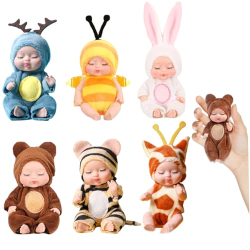 Csafyrt 6pcs kleine Babypuppen 4 Zoll niedliche Fähigkeit Kleiner Babypuppen lebensechte realistische Mini -Puppen mit tierischen Kleidung kleine Puppengeschenke von Csafyrt