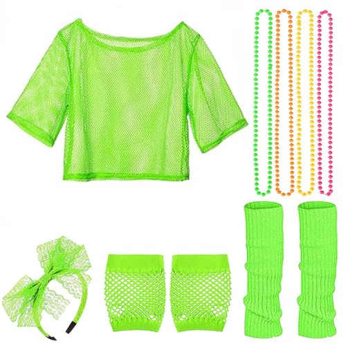 Csafyrt 80er Jahre Kleid für Frauen 80er Outfits Kostüm umfassen Fishnet Top Stirnband Halskette Handschuhe Beinwärmer Neon Party Kostüm Outfits für Party hellgrün von Csafyrt