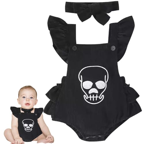 Csafyrt Baby Halloween Kostüme Set mit Fliege Krawatte Schädel Stickerei Halloween Baby Kleidung Cord -Fliegehülse Knopf Strampler süßes Bodysuit Neugeborenes Halloween Kostüm für Mädchenjungen von Csafyrt