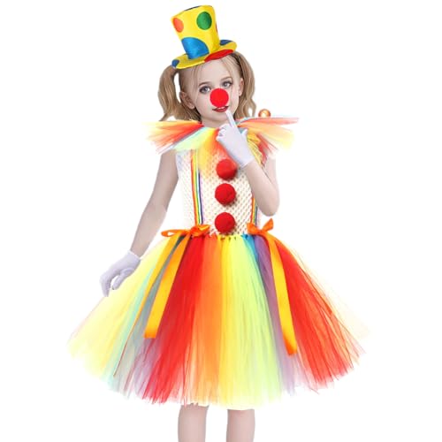 Csafyrt Clown -Kostüm für Mädchen 1 Set Bunte Clown -Kostüm umfasst Hut -Nasenhandschuhe und Rock Nylon Circus Kostüm für Halloween -Cosplay -Partybühne von Csafyrt