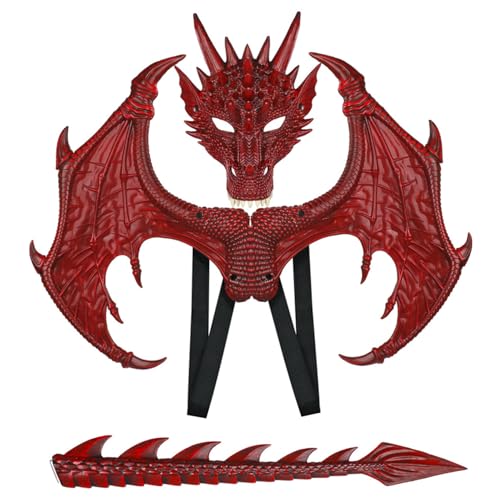 Csafyrt Dragon Kostüm für Kinder Halloween Dragon Kostüm mit Maske, Schwanz und Flügelgummi -Dress -Cosplay für Party Maskerade (rot) von Csafyrt