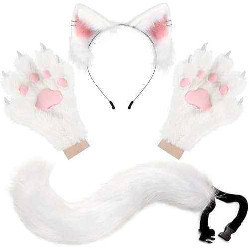 Csafyrt Fox Kostüm 1 Set Realistic White Therian Kostüm umfasst Fox -Handschuhe, Ohren und Schwanz, dekorative Therian -Ausrüstung für Maskerade, Cosplay, Party, Halloween von Csafyrt