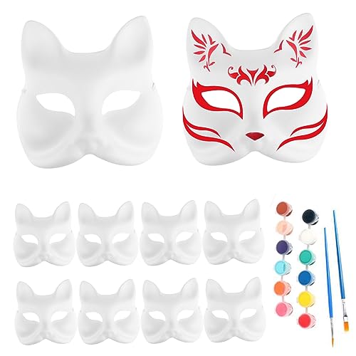 Csafyrt Fox Mask 10pcs DIY Cat Mask Cosplay Blank Halloween Gesichtsmaske mit 12 Farbenpigmenten und 2 Bürsten handbemalte weiße Papiermasken für Halloween-Party-Cosplay von Csafyrt