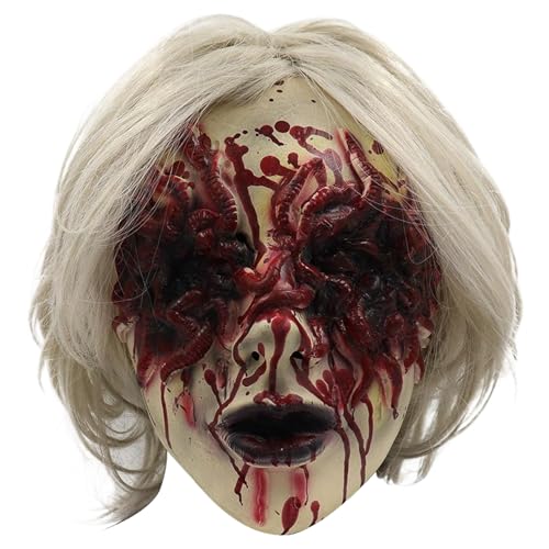 Csafyrt Ghost Face Maske Halloween Maske Weiche Latexmaske mit blutigen Augen und weißhaarige Schreckenmaske mit Belüftungslöchern eine Größe von Csafyrt