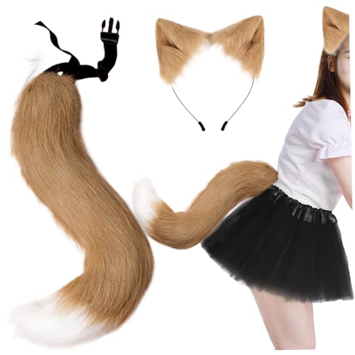 Csafyrt Halloween Fuchsohren und Schwanzset, weiche flauschige Fuchs -Ohren -Stirnband und einstellbares pelziges Schwanz, Fox -Kostüm für Halloween -Party -Cosplay -Kostüm, Khaki von Csafyrt