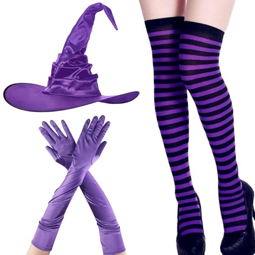 Csafyrt Hexenhut Hexenkostüm Frauen weicher hautfreundlicher Stoff mit schwarz/lila gestreift für Halloween-Cosplay-Partys One Size Purple von Csafyrt