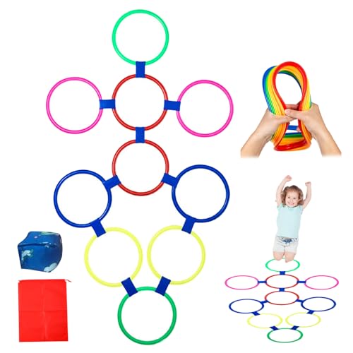 Csafyrt Hopscotch-Ringe 10pcs Hopscotch Ringe mit Bohnensack werfen Multi-Farbringe Hinderniskurs Spaß Spiel L. von Csafyrt