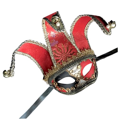 Csafyrt Jestermaske für Männer Frauen exquisite venezianische Maske Halbgesicht Maskerade mit Kopfgurt 7,5x13.4in Halloween für Party, Cosplay, Bühne, Rot von Csafyrt