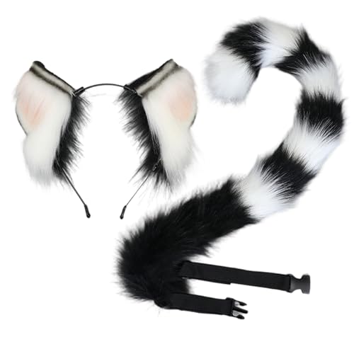 Csafyrt Katzenohren und Schwanz, pelzige elastische Katzenohren Stirnband und schwarzer weißer Schwanz mit verstellbarem Gürtel für Cosplay Party Halloween Kostüm Csafyrt Katzenohren und Schwanz, pelzige elastische Katzenohren Stirnband und schwarzer weißer Schwanz mit verstellbarem Gürtel für Cosplay Party Halloween Kostüm von Csafyrt