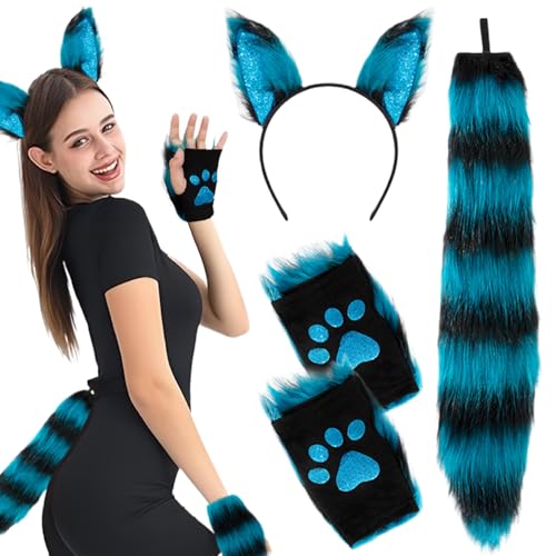 Csafyrt Katzenohren und Schwanz Elastische pelzige Ohren Stirnband Pailletten Pelz Paws Handschuh und flauschig für Halloween Fancy Party Cosplay Kostümgeschenke Blau von Csafyrt