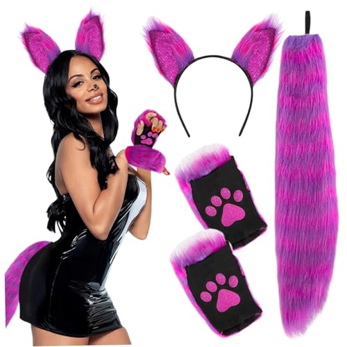 Csafyrt Katzenohren und Schwanz Elastische pelzige Ohren Stirnband Pailletten pelzige Pfoten Handschuh und flauschig für Halloween Fancy Party Cosplay Kostümgeschenke Lila Lila von Csafyrt