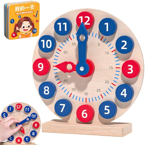 Csafyrt Lernuhr, 1 Set Holzunterrichtsuhr mit 18 reversiblen Zeitkarten Lernen Sie, die Zeit Uhr frühes Lernen mit Bildungsspielzeug zu erzählen von Csafyrt
