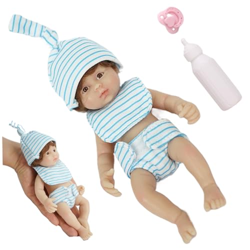 Csafyrt Mini Babypuppen 6 Zoll niedlich lebensechter neugeborenes Babypuppenweiches Silikon Ganzkörperpuppe tragbarer Junge Mini mit Spielzeugzubehör Geschenkset für Kinder Blue Stripe von Csafyrt