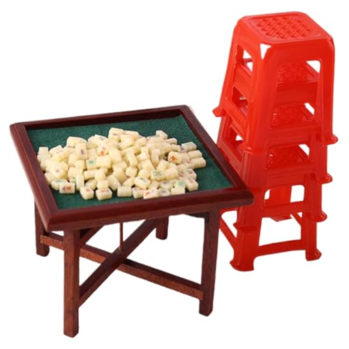 Csafyrt Puppenhausmöbel 1/12 Skala Chinesische Mahjong -Set -Puppenhauszubehör mit Tisch & Stühlen realistische Plastikminiaturpuppenhauszubehör von Csafyrt