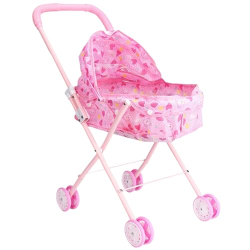 Csafyrt Puppenwagen Liebes Herzmuster Falten Sie Babypuppenwagen mit Druckgriff und Verstellbarer Schatten Abnehmbarer tragbarer Stabiler Babypuppenwagen von Csafyrt