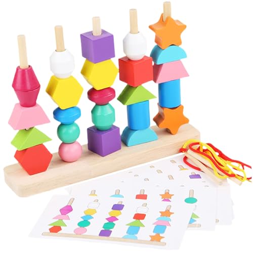 Csafyrt Schnürung Perlen Kleinkinder Feinmotorische Fähigkeiten Holzschnürung Perlen Sequencing Toy Set einschließlich 8PCS -Musterkarten 2LACE 10 Farben Perlen von Csafyrt