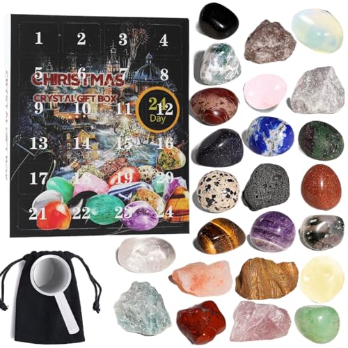 Csafyrt Weihnachtsab Adventskalender 2024 24 Tage Adventskalender 24 zufällige Kristallsteinmineralien Fossilien mit Aufbewahrungstasche von Csafyrt