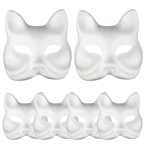 Csafyrt Weiße Maske 6pcs Therian Maske Weiße Halloween -Maske mit elastischen Bandpapier -Katzenmasken zum Malen von DIY -Halbgesicht für Halloween Cosplay Party Fox von Csafyrt