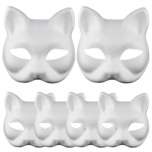 Csafyrt Weiße Maske 6pcs Therian Maske Weiße Halloween -Maske mit elastischen Bandpapier -Katzenmasken zum Malen von DIY -Halbgesicht für Halloween Cosplay Party Katze von Csafyrt