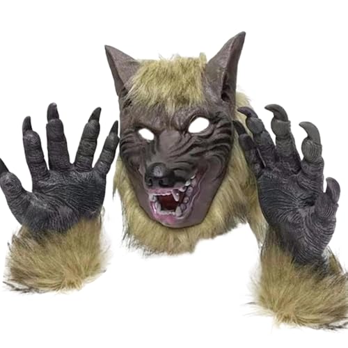 Csafyrt Werwolf Maske Holloween Werwolf Kostüm Realistische Wolf Maske ＆ 1 Paar Pfotenhandschuhe weich ＆ hautfreundlich beängstigend mit belüfteten Löchern für Halloween Party Cosplay Dress Up von Csafyrt