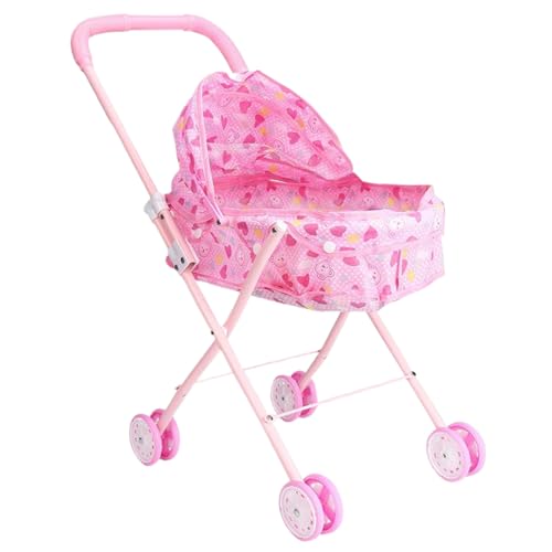 Puppenwagen Liebes Herzmuster Falten Sie Babypuppenwagen mit Push -Griff und Verstellbarer Schatten Abnehmbarer tragbarer Stabiler Babypuppenkameraden für Mädchen, so von Csafyrt