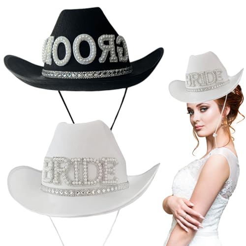 Weißer Cowboyhut 2pcs leuchten Braut ＆ Bräutigam Buchstabe Cowgirl Hut Braut Cowboyhut mit verstellbarem Gurt Cowgirl TOCKE von Csafyrt