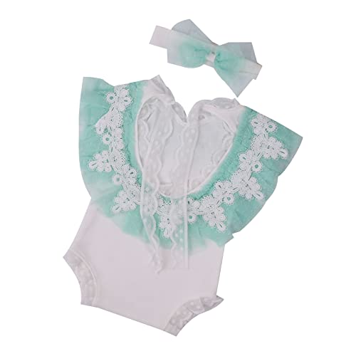 Csnbfiop Baby Fotokleidung Prinzessinnen Spitzen Overall Schleife Stirnband Rückenfrei Rüschen Spitze Strampler Neugeborene Dusche Party Einteilig von Csnbfiop