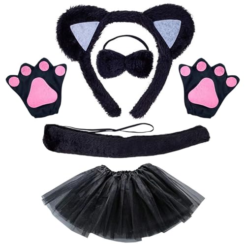 Csnbfiop Bühnenshows Kostümzubehör Plüschkatzen Ohr Stirnband/Schwanz/Fliege Outfit Set Für Kinder Cosplay Maskeraden Party Requisiten von Csnbfiop