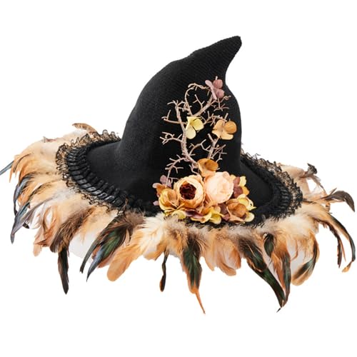 Csnbfiop Gefiederbesatz Halloween Hexenhut Cosplay Blumenzaubererhut Vintage Kostüm Cloche Festival Hexenhut von Csnbfiop