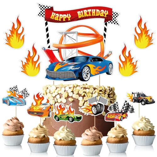 Ctxtqtdt 16 Stück Hot Whels Tortendeko Jungen, Hot Whels Kuchen Deko Kindergeburtstag, Cake Topper Set, Happy Birthday Topper für Kinder Geburtstag Party Kuchen Dekoration Supplies (A) von Ctxtqtdt