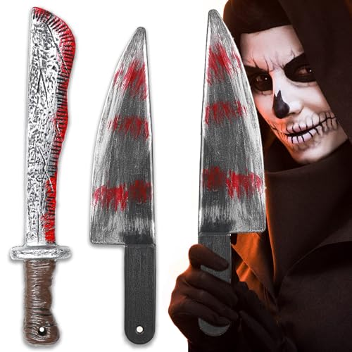 Ctxtqtdt 2 Stück Halloween Messer mit Blut 40cm, Machete Halloween, Halloween Waffen, Kunststoff Blutiges Messer Wiederverwendbar für Halloween Karneval Kostüm Party (A) von Ctxtqtdt