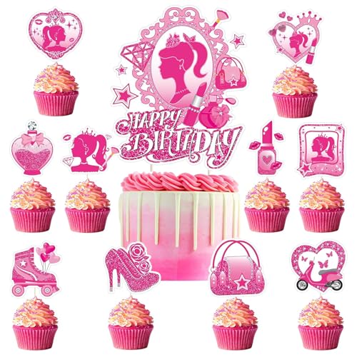 Ctxtqtdt 21 Stück Barbi Tortendeko Mädchen, Barbi Kuchen Deko Kindergeburtstag, Cake Topper Set, Happy Birthday Topper für Kinder Geburtstag Party Kuchen Dekoration Supplies (B) von Ctxtqtdt