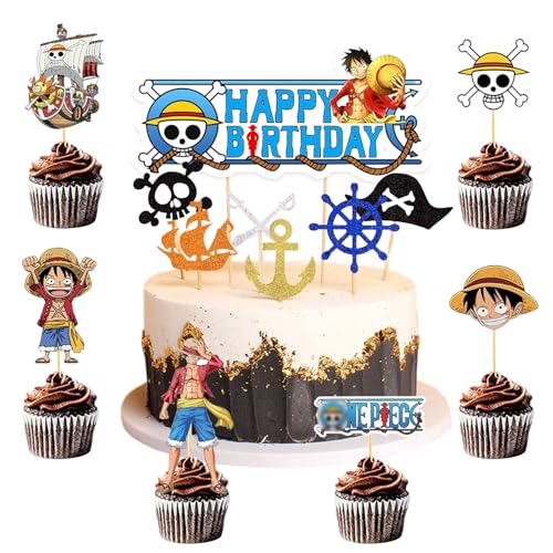 Ctxtqtdt 25 Stück One Piec Tortendeko Jungen, One Piec Kuchen Deko Kindergeburtstag, Cake Topper Set, Happy Birthday Topper für Kinder Geburtstag Party Kuchen Dekoration Supplies (A) von Ctxtqtdt