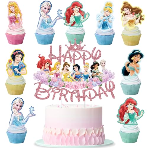 Ctxtqtdt 29 Stück Prinzessin Tortendeko Mädchen, Prinzessinnen Kuchen Deko Kindergeburtstag, Cake Topper Set, Happy Birthday Topper für Kinder Geburtstag Party Kuchen Dekoration Supplies (A) von Ctxtqtdt